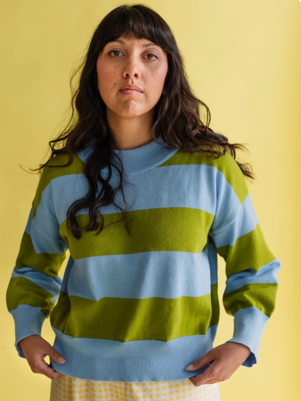 Striped Crewneck Sweater in Sky Blue & Olive